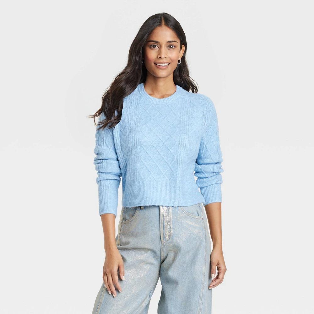 Womens Crewneck Cashmere-Like Cable Pullover Sweater - Universal Thread Blue Product Image