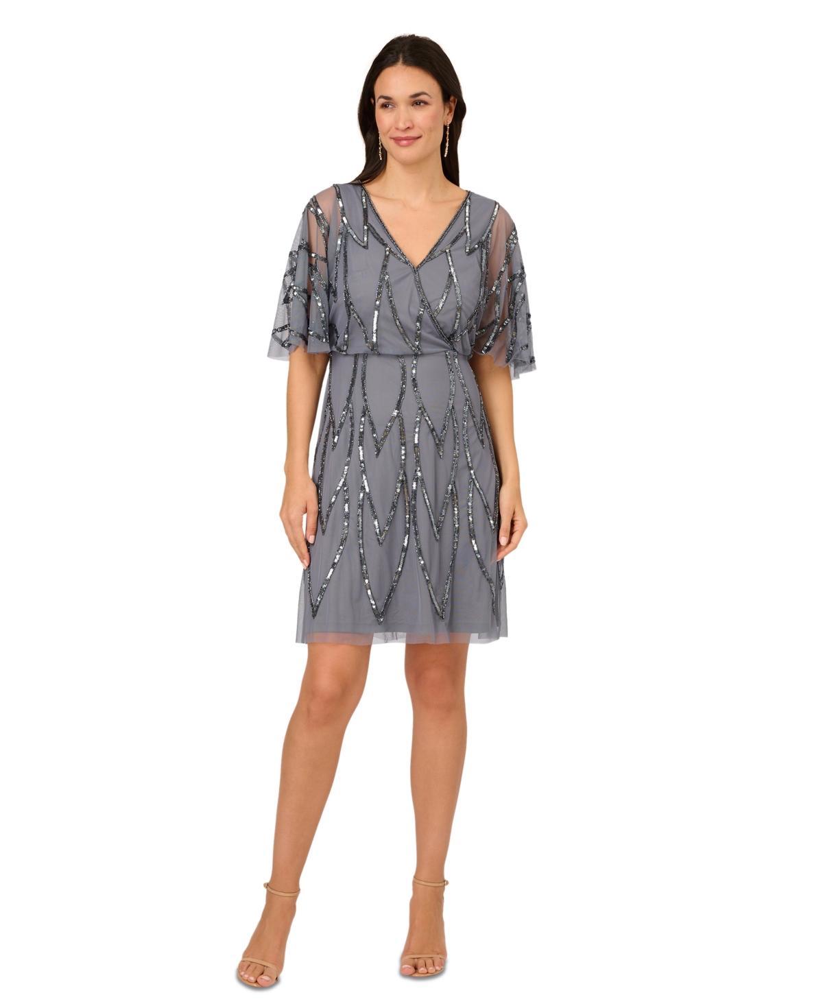 Adrianna Papell Womens Beaded Mesh Flutter-Sleeve Dress Product Image