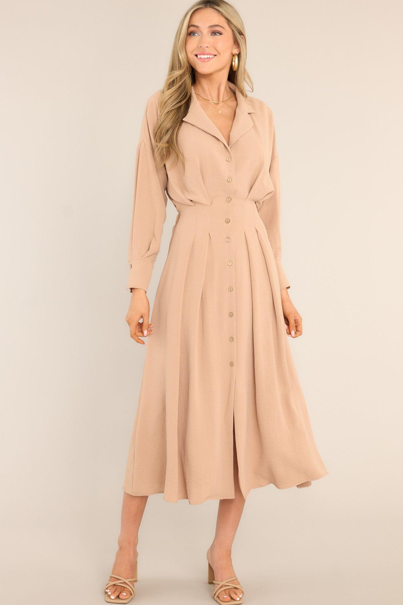 Cherish Now Beige Button Front Midi Dress Product Image