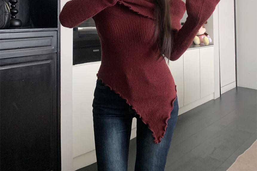 Long-Sleeve Square Neck Flower Accent Asymmetrical Ribbed Knit Top Product Image