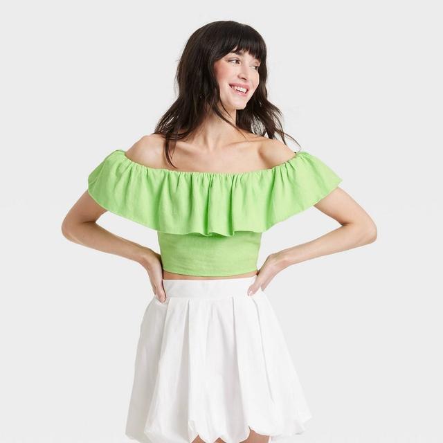 Womens Slim Fit Ruffle Sleeve Off the Shoulder Linen Blouse - A New Day Lime M Product Image