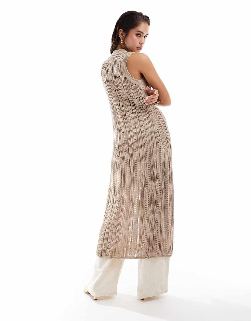 Pretty Lavish crochet maxi cardigan in beige Product Image