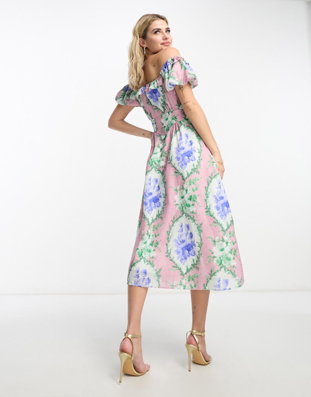 Hope & Ivy off shoulder midi dress in blue floral Product Image