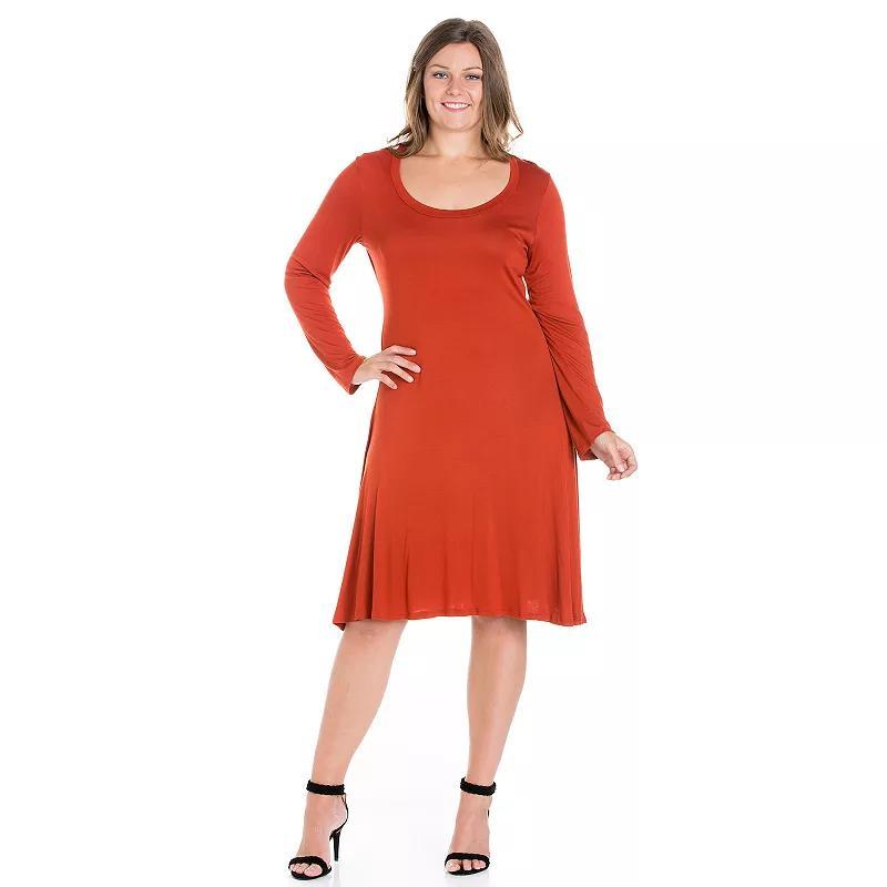 Plus Size 24seven Comfort Apparel Long Sleeve Flared Mini Dress, Womens Brown Product Image