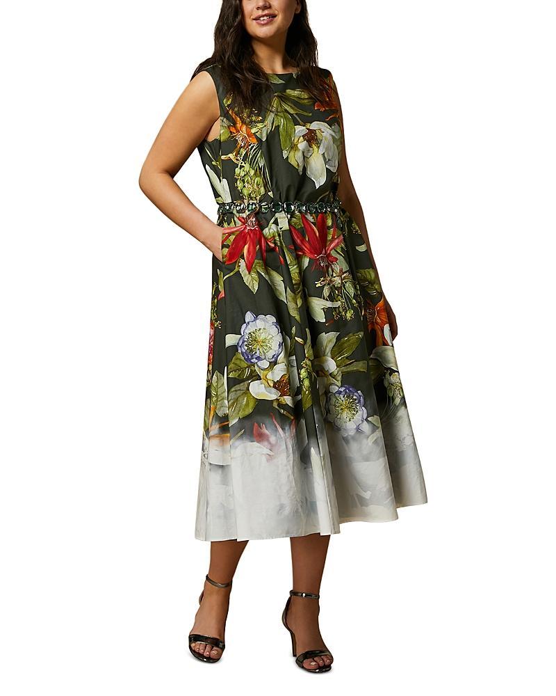 Marina Rinaldi Trento Placed Floral Sleeveless Cotton Poplin Dress Product Image