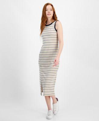 Women's Striped Ribbed Slit Midi Dress Product Image