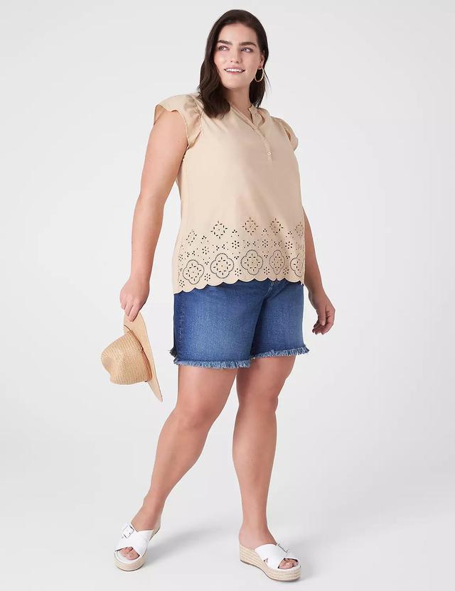 Flutter-Sleeve Woven-Front Knit Top Product Image