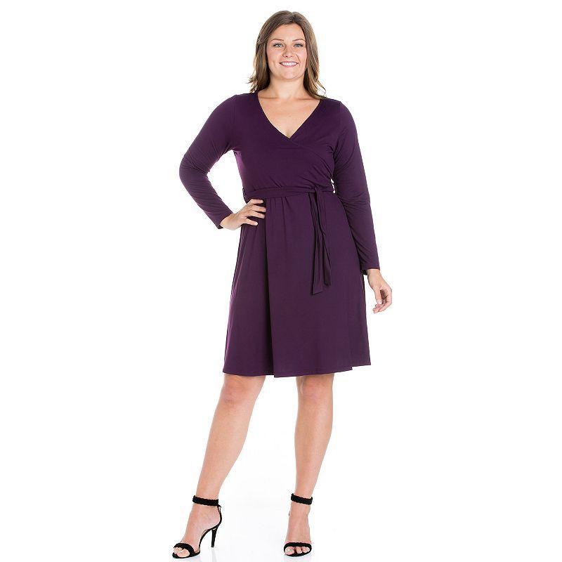 Plus Size 24seven Comfort Apparel Chic V-Neck Long Sleeve Belted Dress, Womens Product Image