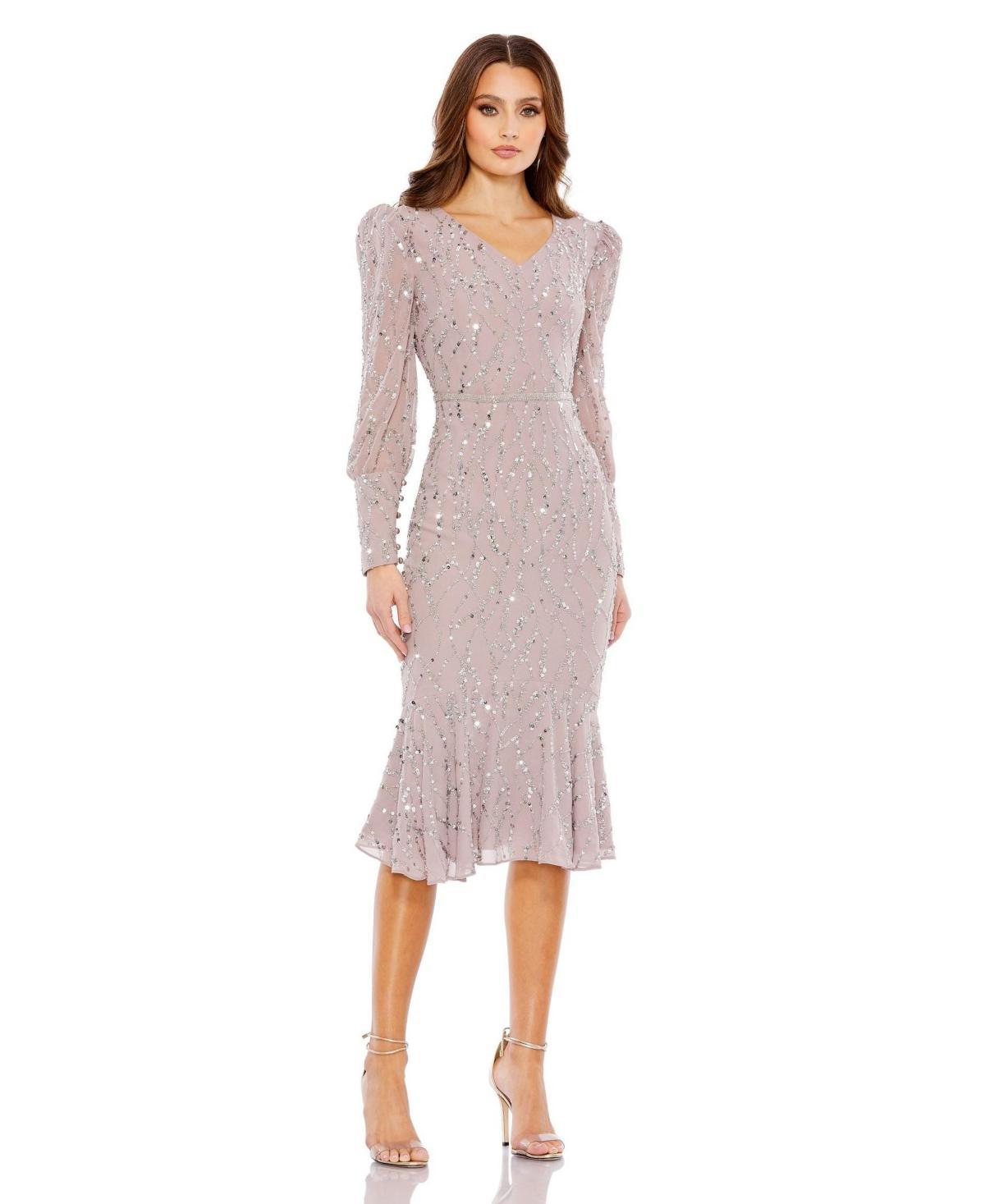 Mac Duggal Sequin V-Neck Long Sleeve Midi Dress Product Image