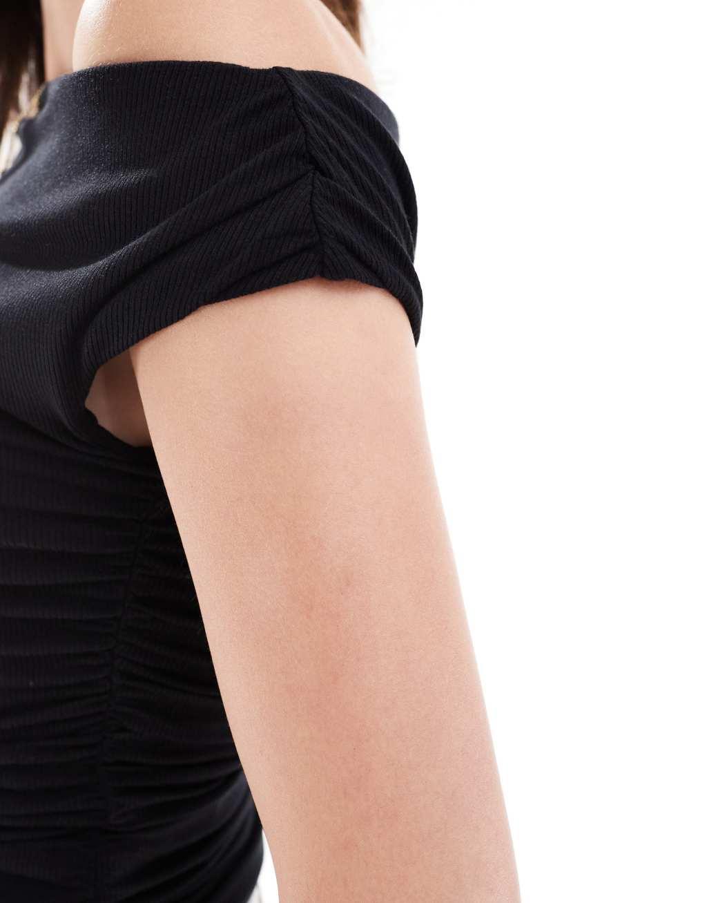 Cotton On ribbed ruched short sleeve top in black Product Image