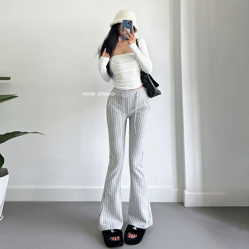 Drawstring Waist Plain Ribbed Flared Pants product image