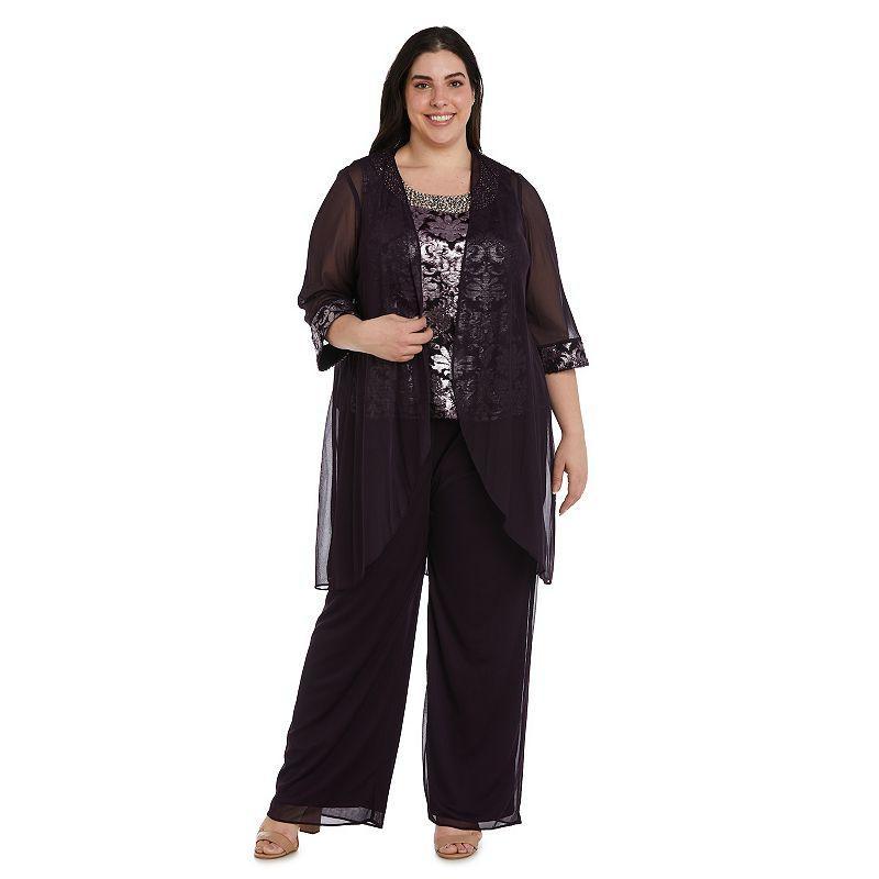 Plus Size R&M Richards 3-Piece Beaded Neck Tank Top, Sheer Cardigan & Burnout Clip Duster Pants Set, Womens Product Image