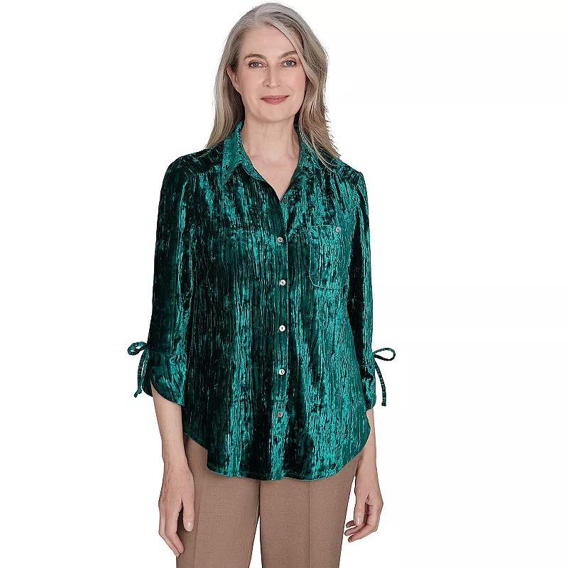 Womens Alfred Dunner Crushed Velvet Shirt Green Product Image