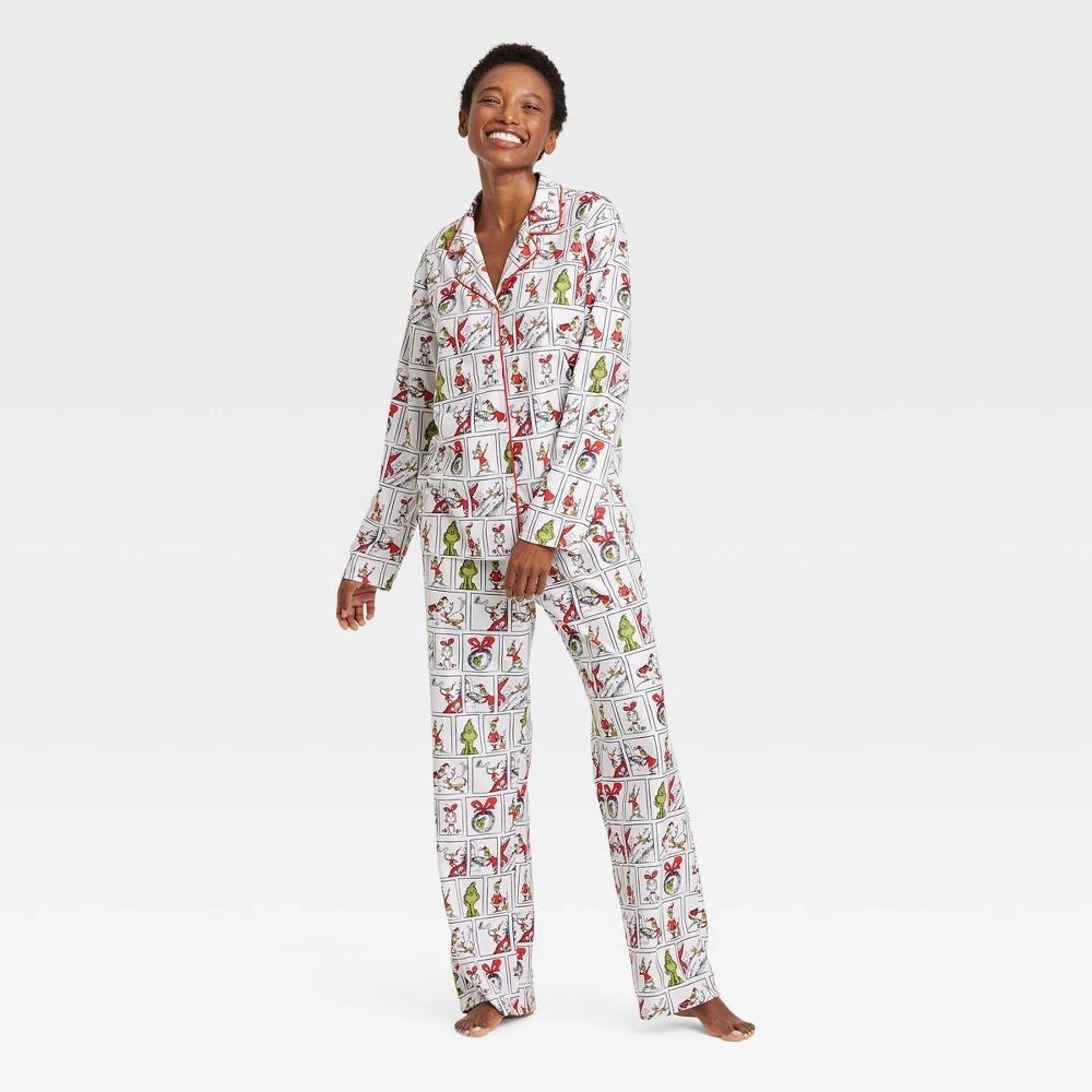 Womens Family Sleep Grinch Coat and Pants Pajama Set - White Product Image