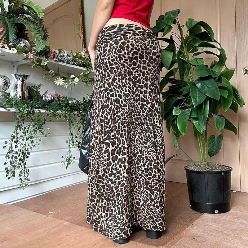 Low Waist Leopard Print Maxi A-Line Skirt Product Image