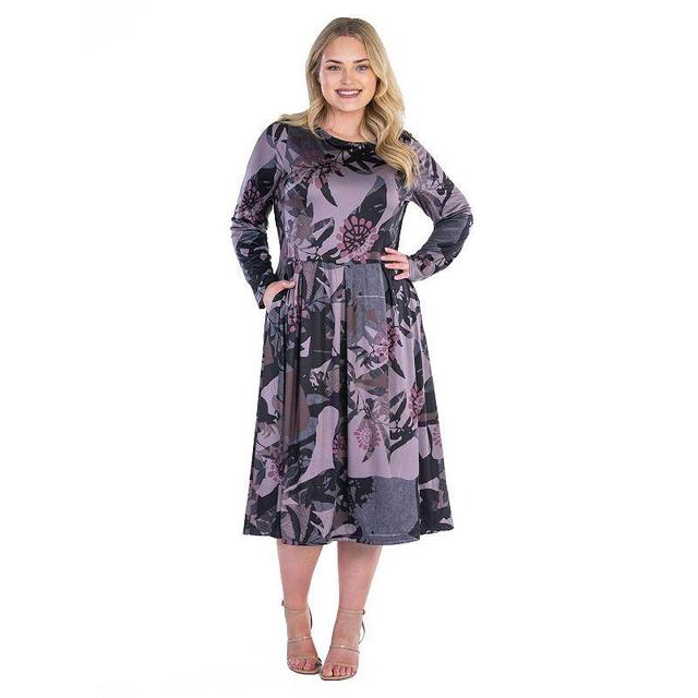 Plus Size 24Seven Comfort Grey and Mauve Floral Long Sleeve Pleated Pocket Midi Dress, Womens Purple Team Product Image