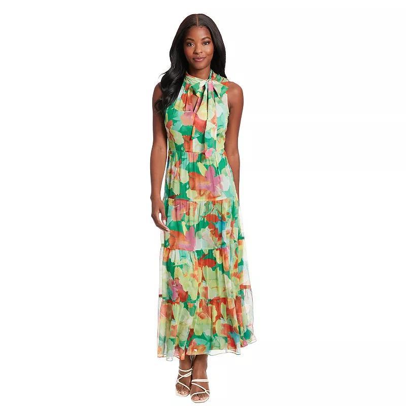 Womens London Times Floral Tie Neck Tiered Maxi Dress Green Pink Product Image