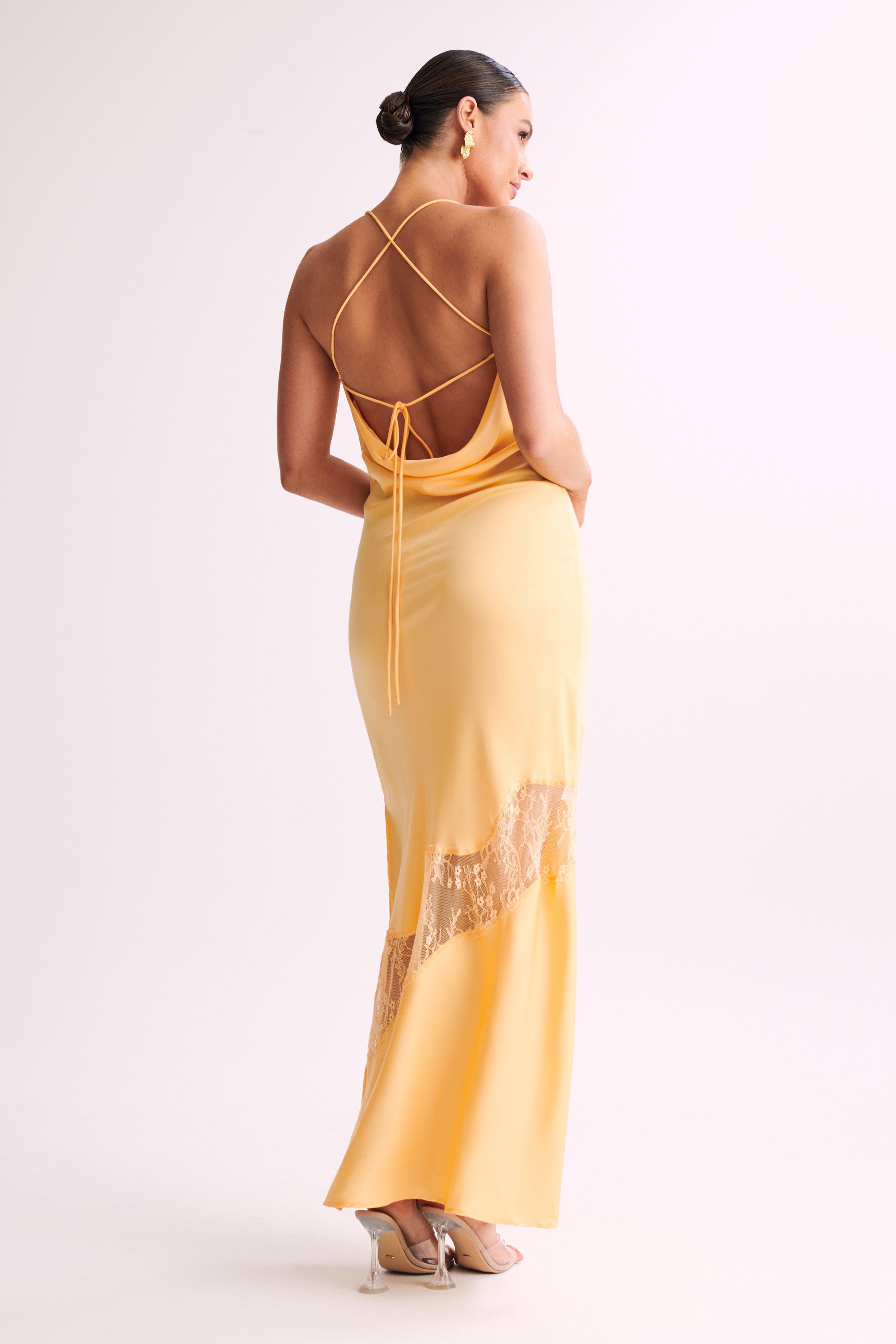 Chandra Lace Detail Satin Maxi Dress - Lemon Product Image