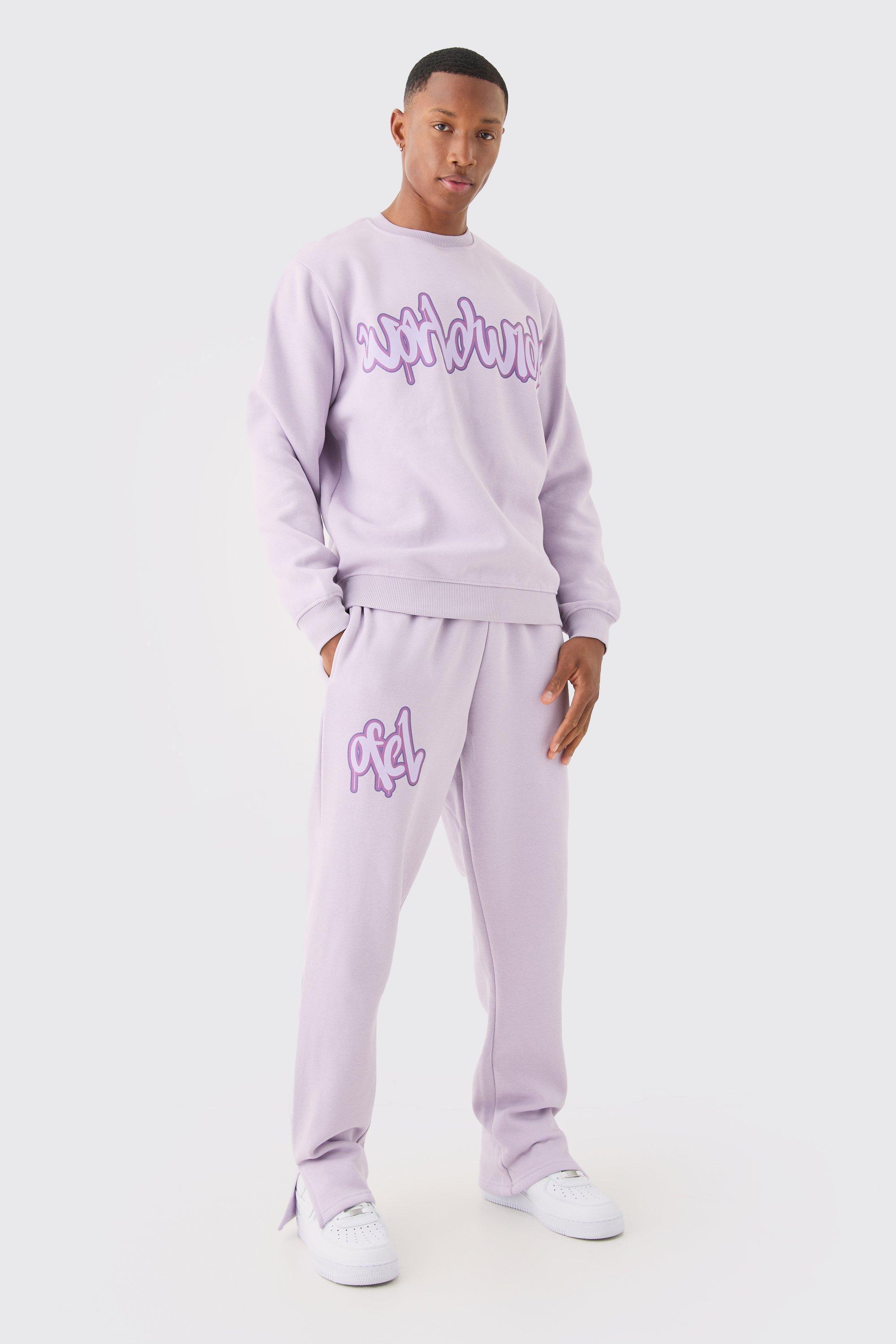 Mens Purple Graffiti Print Sweatshirt Tracksuit, Purple Product Image