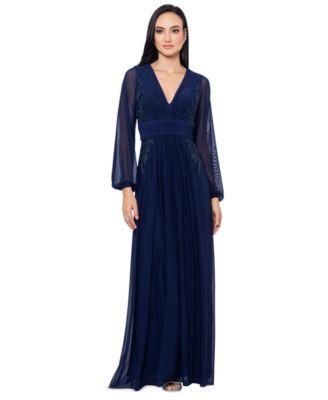 Betsy  Adam V-Neck Long Sleeve Beaded Side Gown Product Image