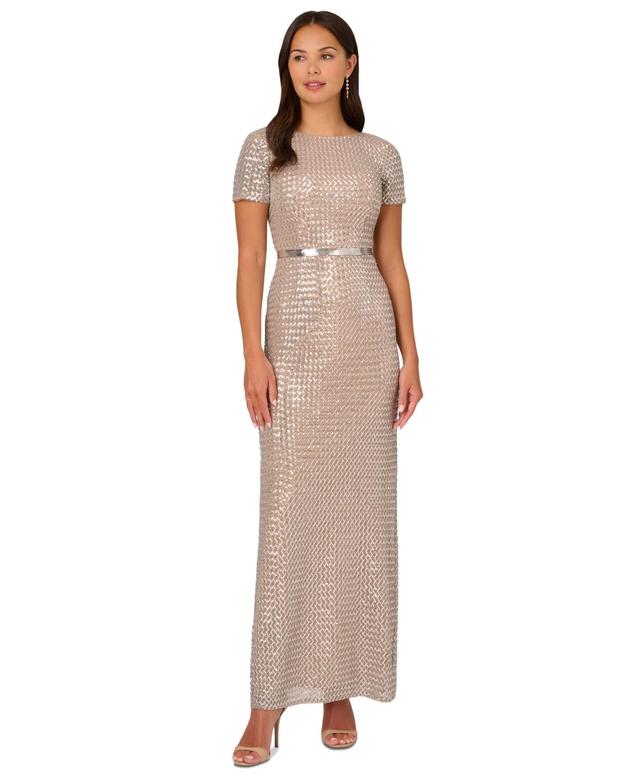 Adrianna Papell Womens Short-Sleeve Sequined Column Gown Product Image