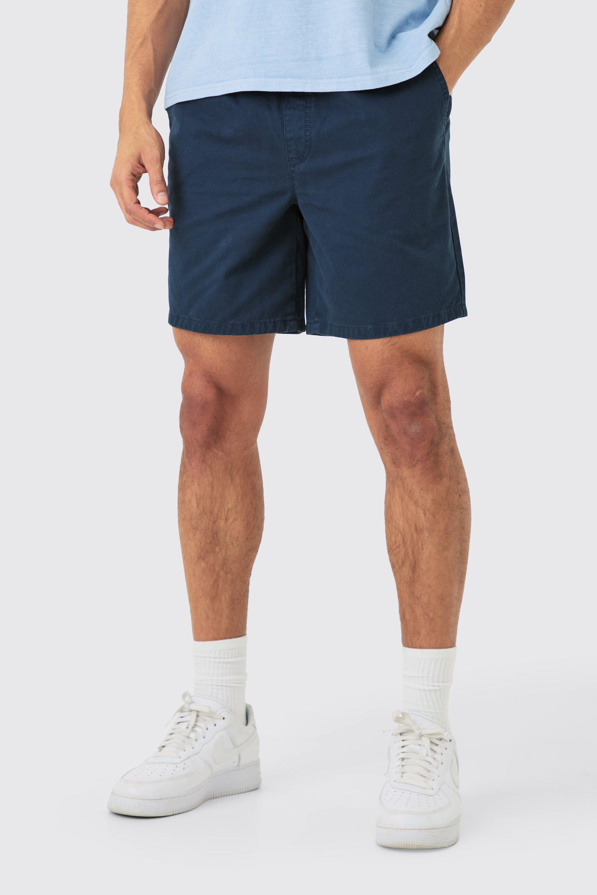 Shorter Length Relaxed Fit Elasticated Waist Chino Shorts in Navy | boohooMAN USA product image