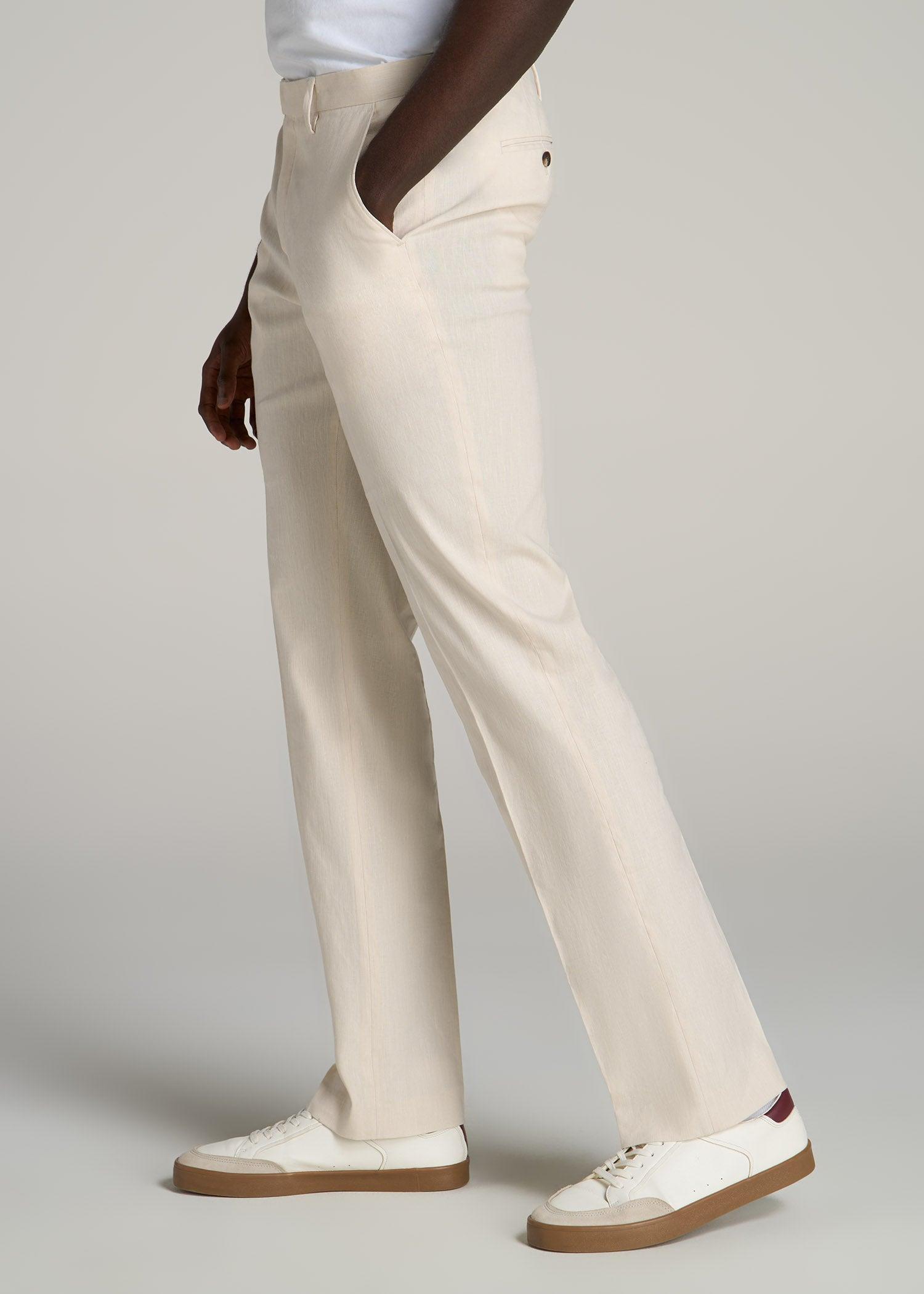 Stretch Linen Dress Pants for Tall Men in Light Beige Linen Product Image