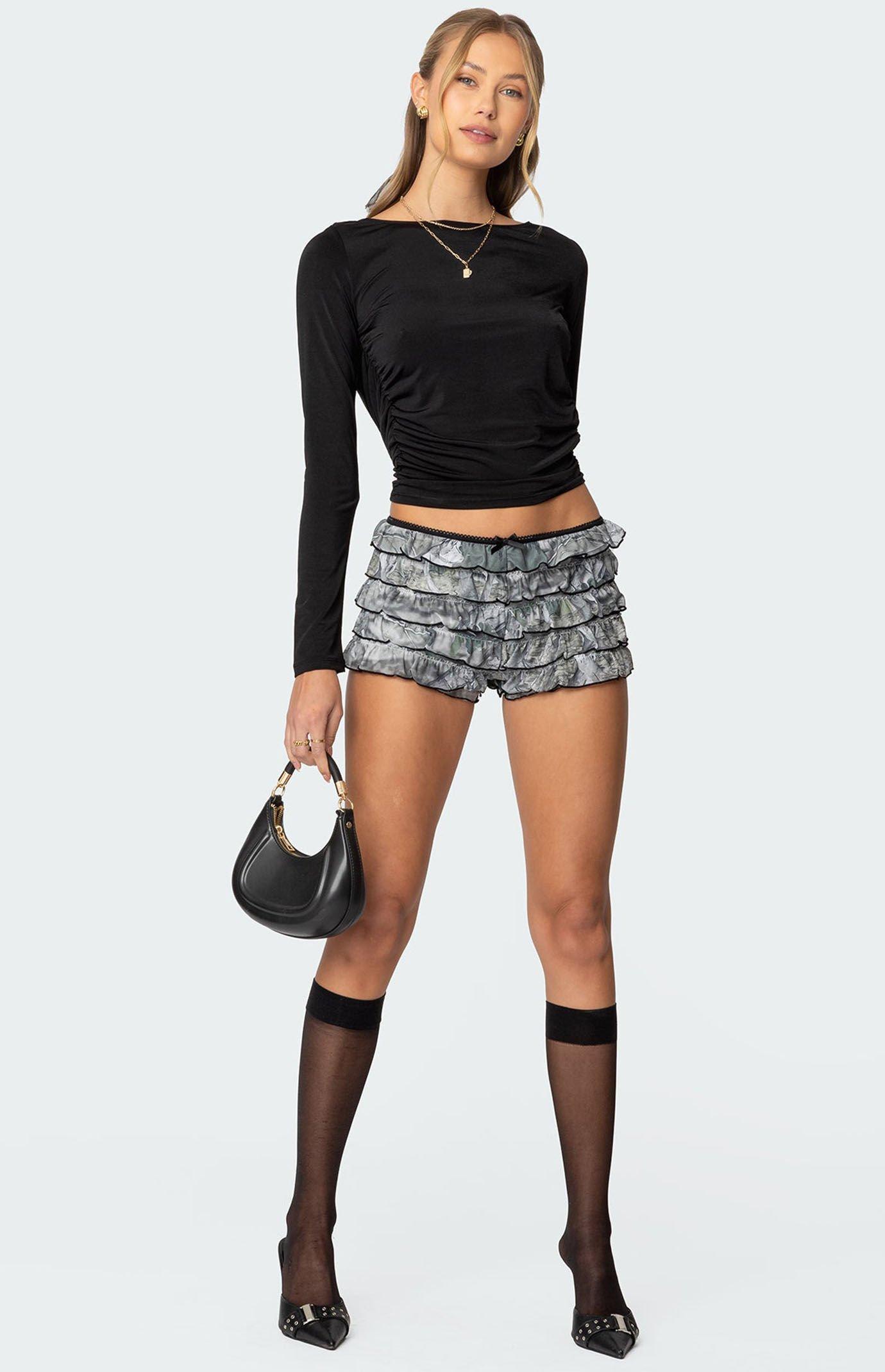 Edikted Women's Camo Ruffled Mesh Shorts Product Image