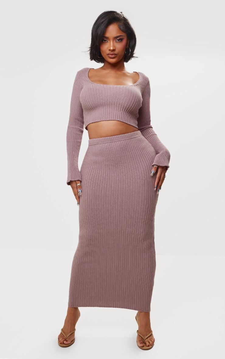 Shape Mauve Knit Ribbed Long Sleeve Scoop Crop Top Product Image