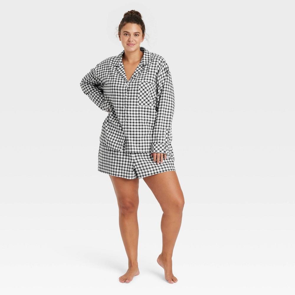 Womens Check Flannel Long Sleeve Top and Shorts Pajama Set - Auden Black/White 1X Product Image