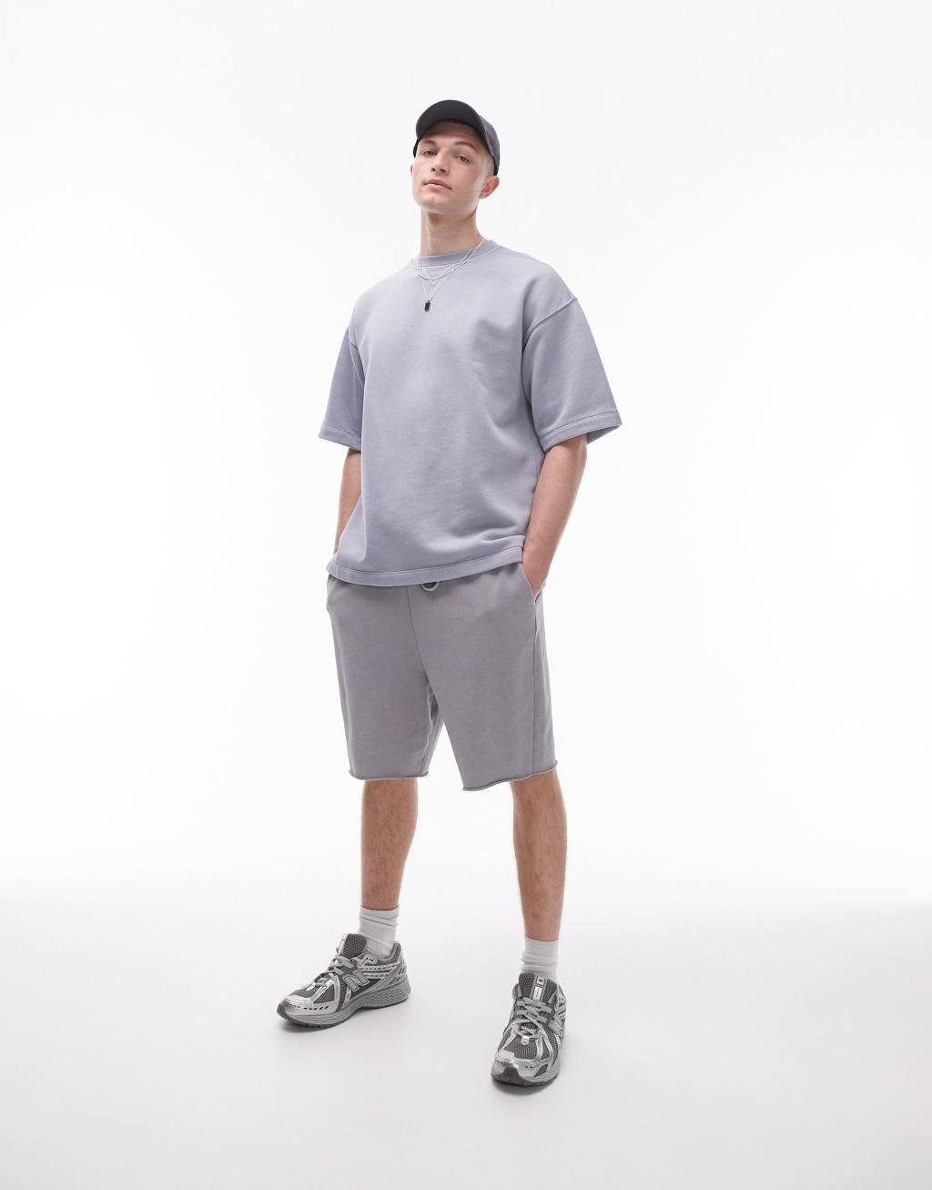 Topman oversized fit short sleeve sweatshirt in washed light gray Product Image