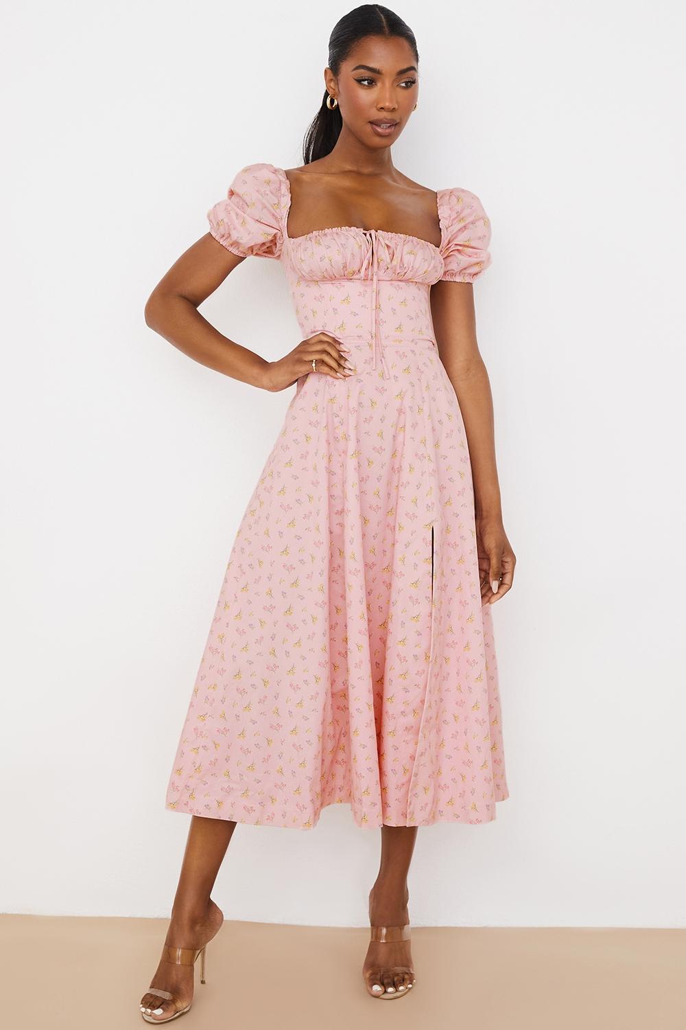 Tallulah Pink Floral Puff Sleeve Midi Dress Product Image