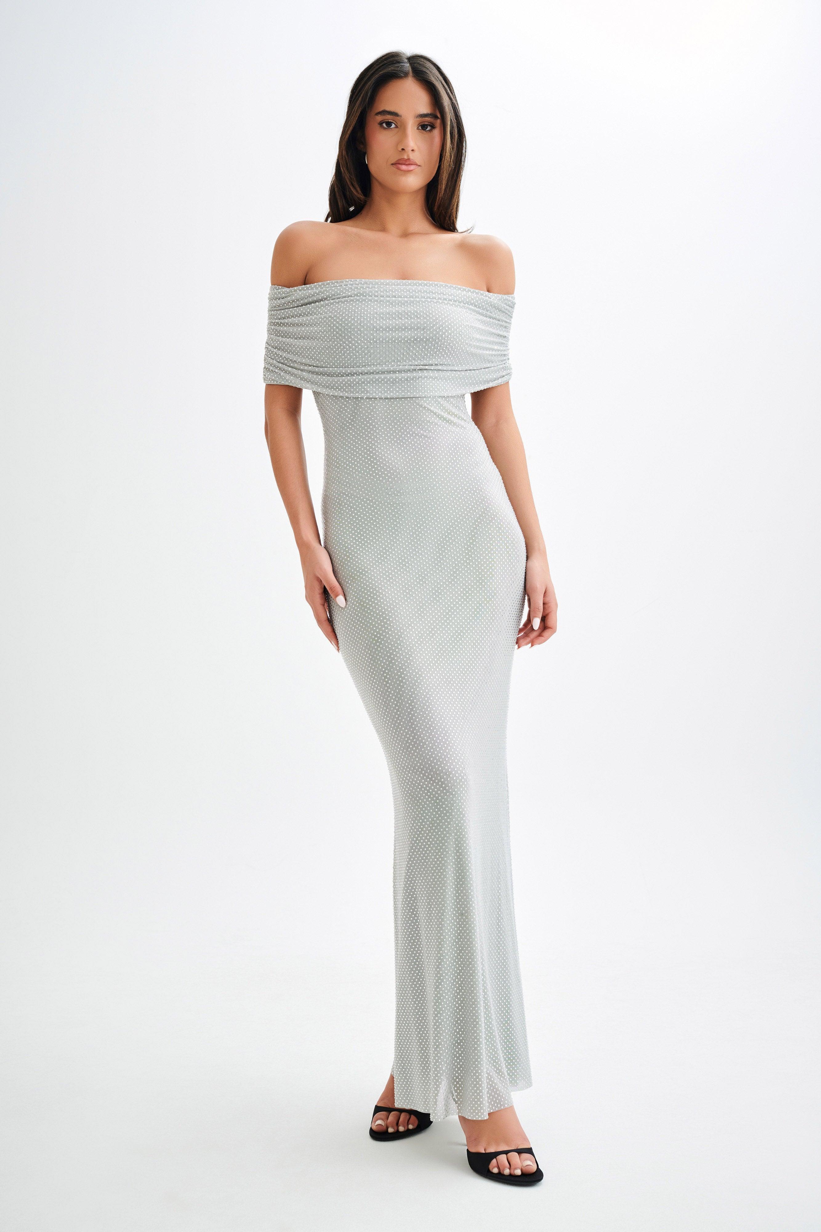 Arna Off Shoulder Diamante Maxi Dress - Silver Product Image