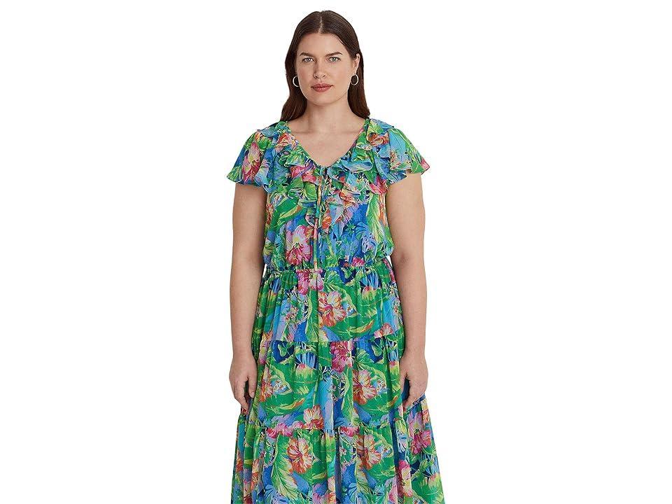 LAUREN Ralph Lauren Plus Size Floral Crinkle Georgette Tiered Dress (Green/Blue Multi) Women's Clothing Product Image