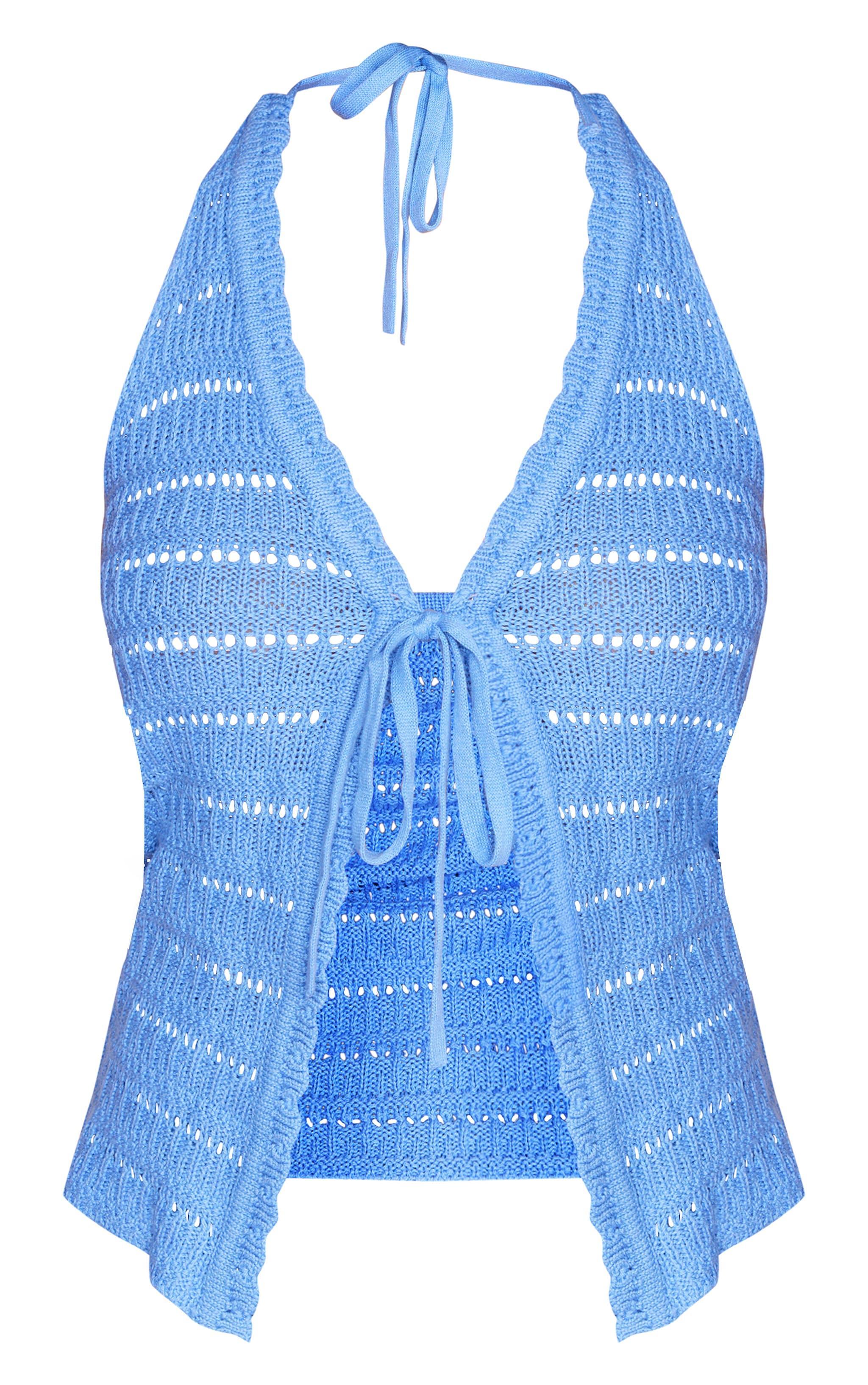 Blue Crochet Knit Tie Front Halterneck Top Product Image