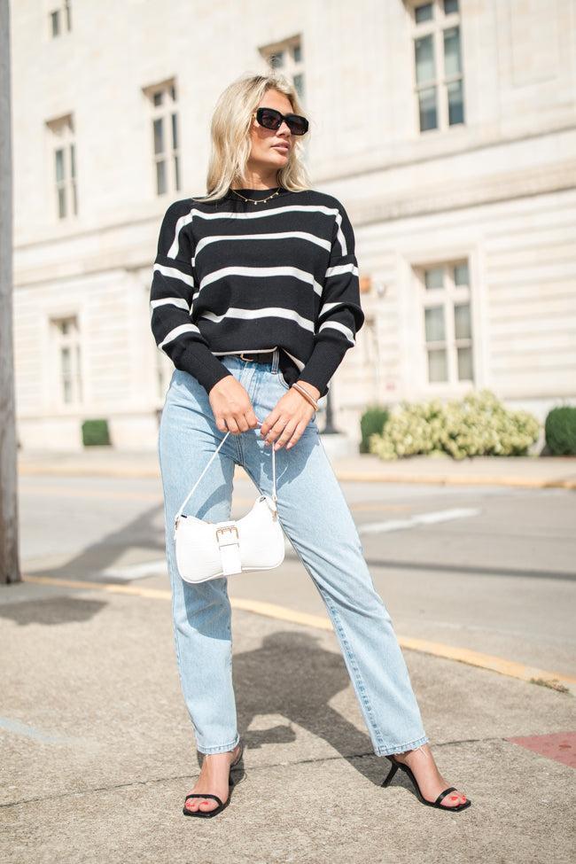 Crushing On You Black And Ivory Striped Crew Neck Sweater FINAL SALE Product Image