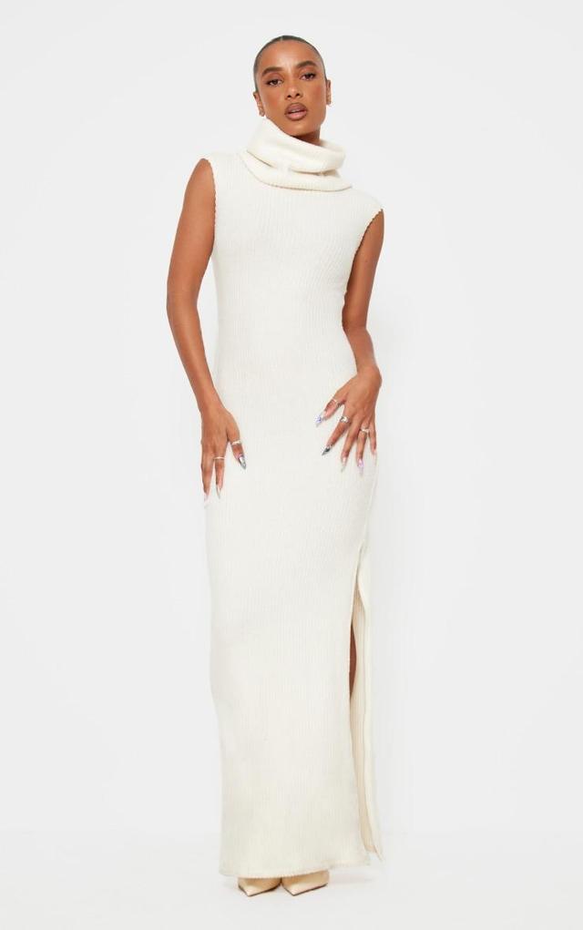 Cream Brushed Rib Roll Neck Maxi Dress Product Image