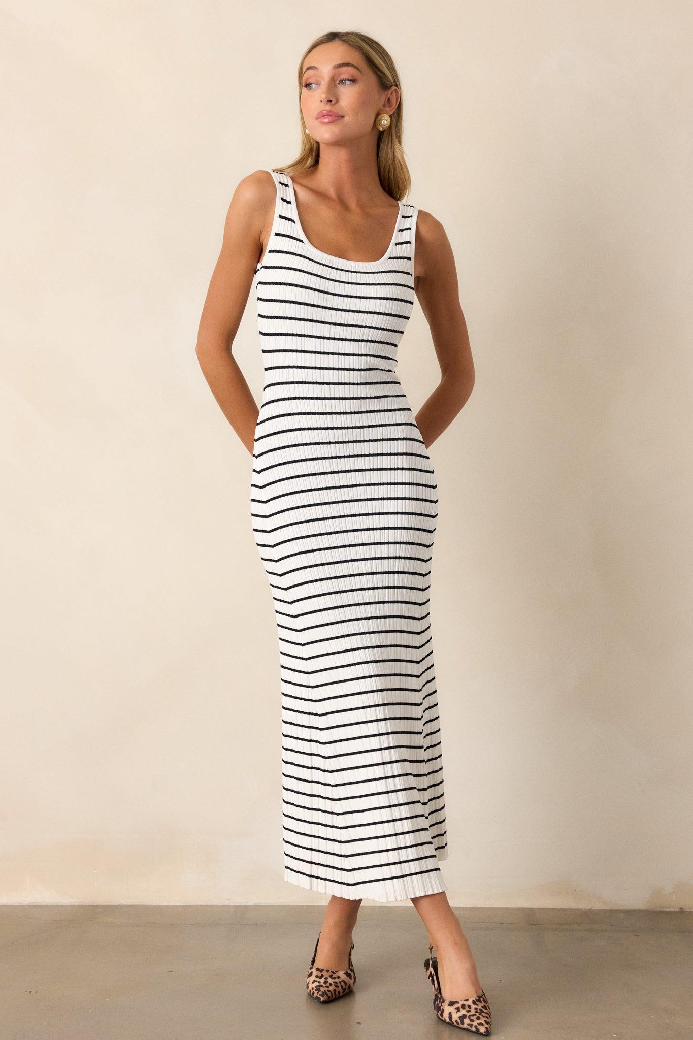 Classic Rhythm White Stripe Ribbed Midi Dress Product Image