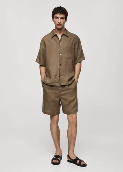 MANGO MAN - 100% linen bermuda shorts with drawstring khakiMen Product Image