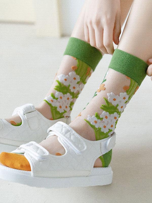 Breathable Flower Print See-Through Split-Joint Sweat-Absorbing Socks Accessories Product Image