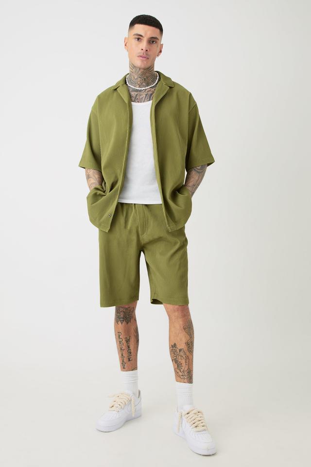 Mens Green Tall Oversized Revere Pleated Shirt & Short Set In Khaki, Green Product Image