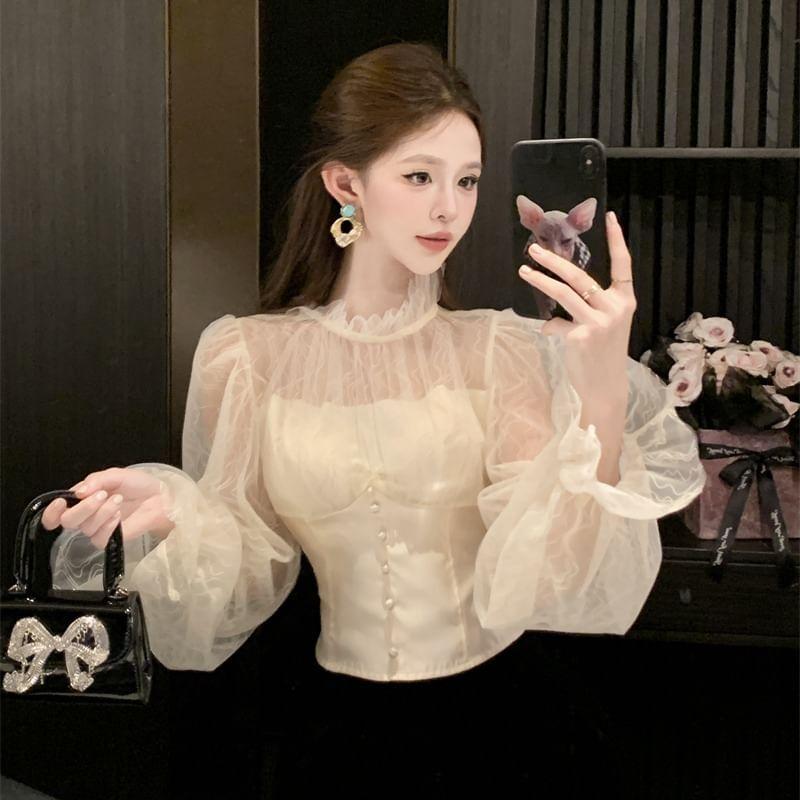 Long Sleeve Stand Collar Plain Button Lace Panel Satin Blouse Product Image