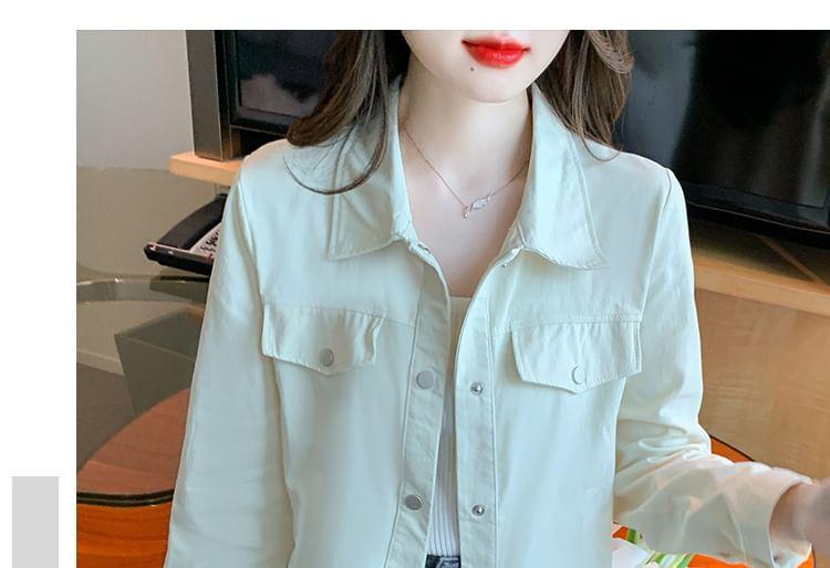 Collared Button-Up Plain Crop Jacket Product Image