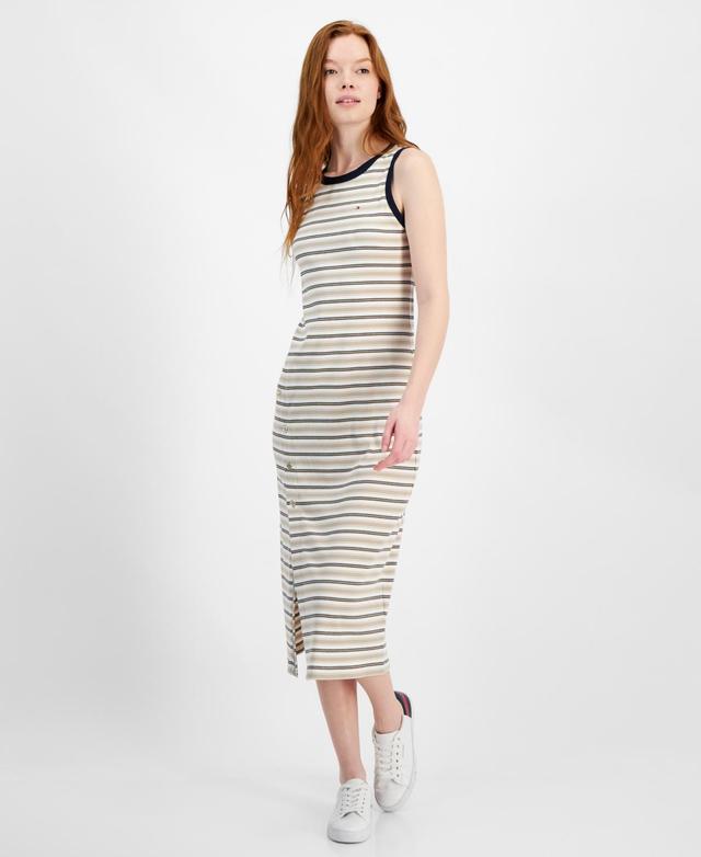 Tommy Hilfiger Womens Striped Ribbed Slit Midi Dress Product Image