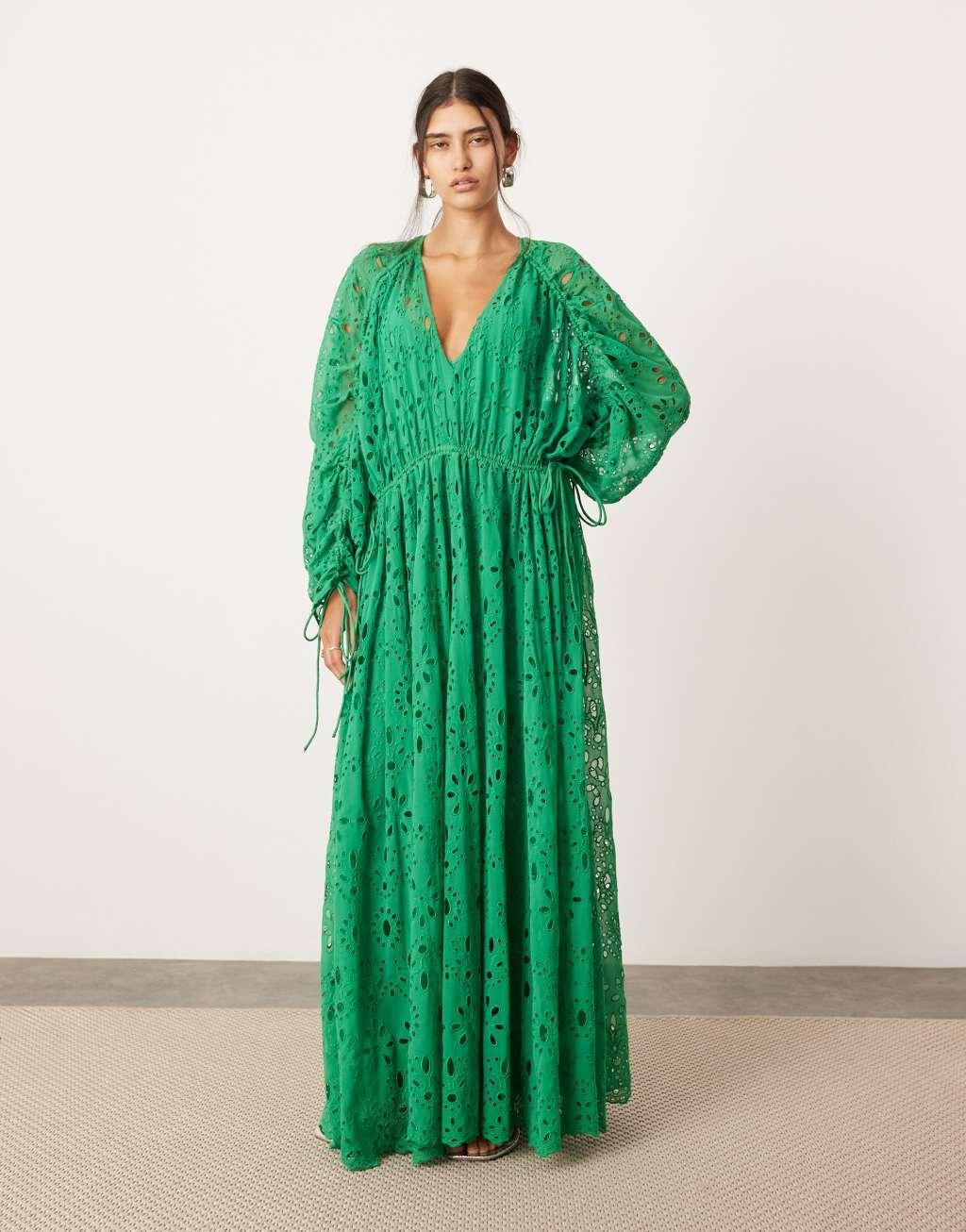 ASOS EDITION eyelet extreme gathered waist maxi dress in green product image