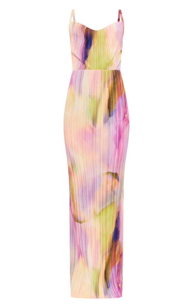 Tall Purple Watercolour Print Plisse Strappy Maxi Dress Product Image