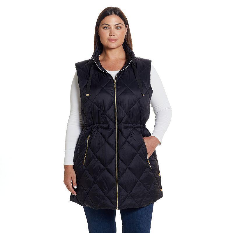 Plus Size Weathercast Diamond Quilted Puffer Longline Vest with Cinched Waist, Womens Product Image