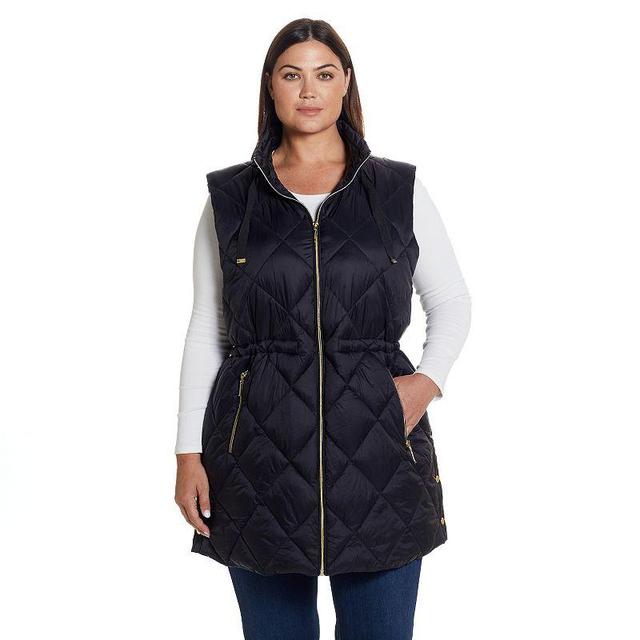 Plus Size Weathercast Diamond Quilted Puffer Longline Vest with Cinched Waist, Womens Black Product Image