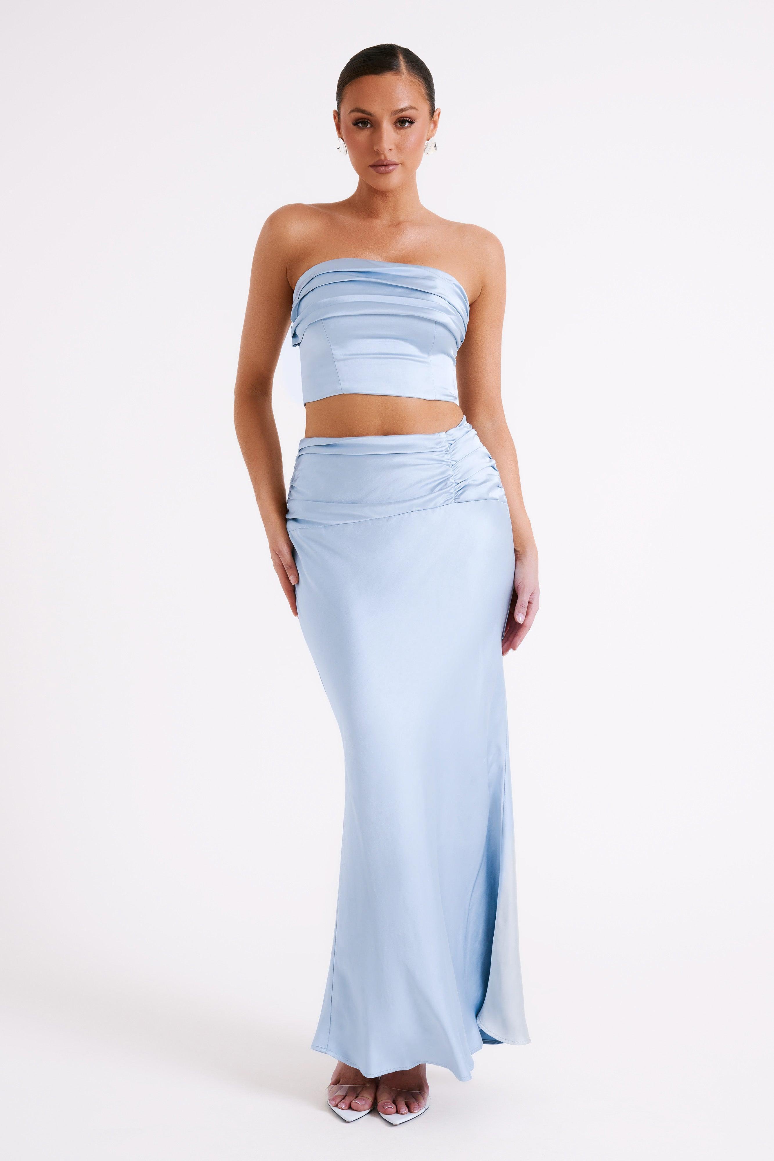 Khalani Ruched Satin Maxi Skirt - Ice Blue Product Image