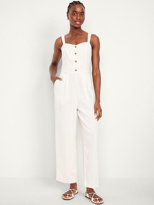 Button-Front Linen-Blend Cami Jumpsuit Product Image